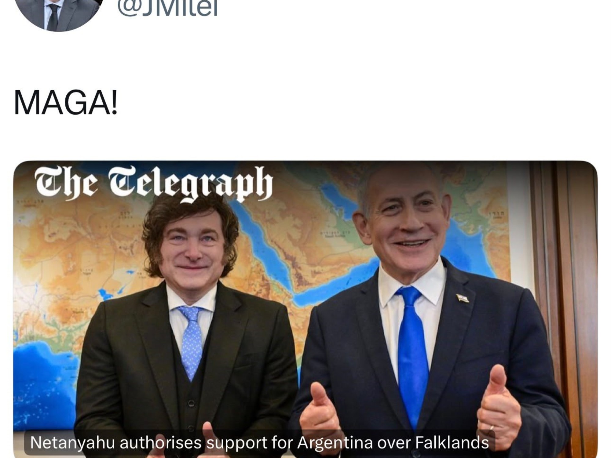 La publicación de The Telegraph que compartió Milei sobre un supuesto cambio de posición de Netanyahu sobre Malvinas. En Israel afirman que no es así
